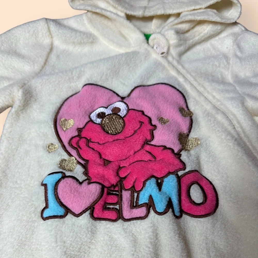 Baby Sesame Street I Love Elmo Cream Fleece Footie One Piece W/Hood Sz 3-6 Mon - Picture 6 of 9
